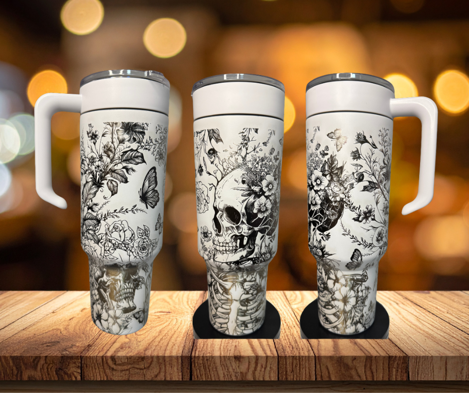 Tumbler - 40 oz Laser-Engraved - Skull, Butterflies, Flowers