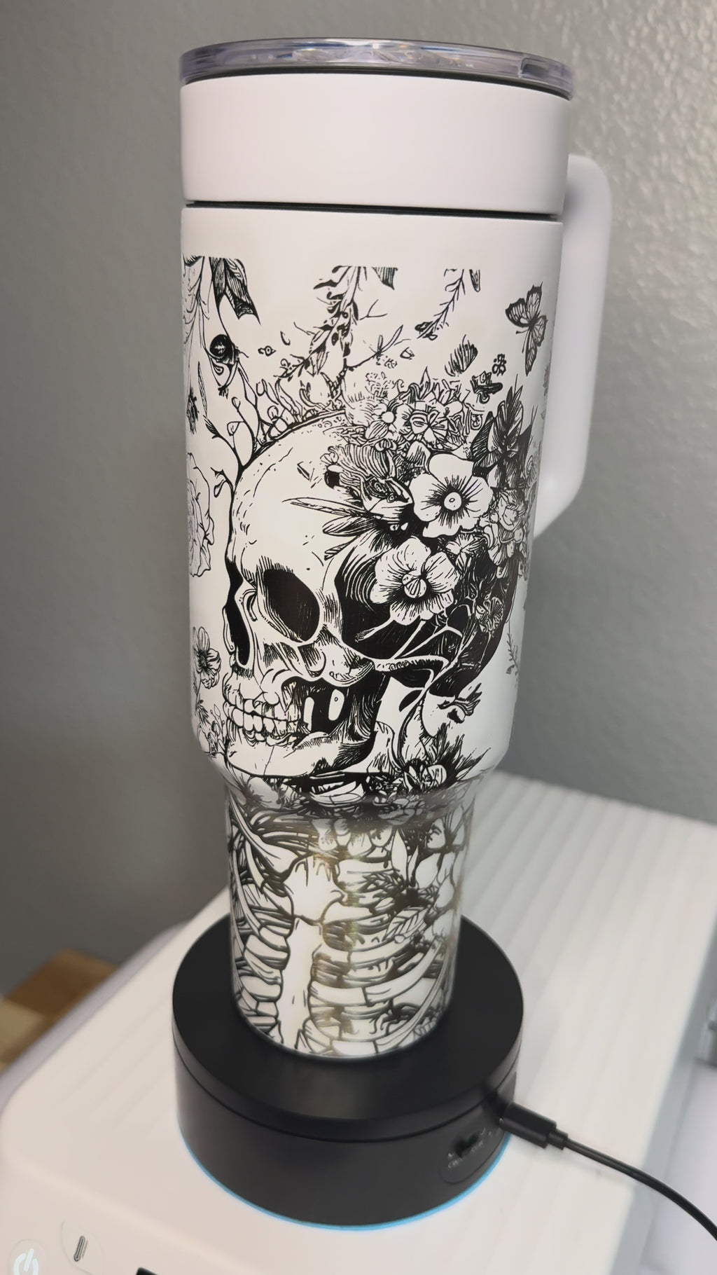 Tumbler - 40 oz Laser-Engraved - Skull, Butterflies, Flowers